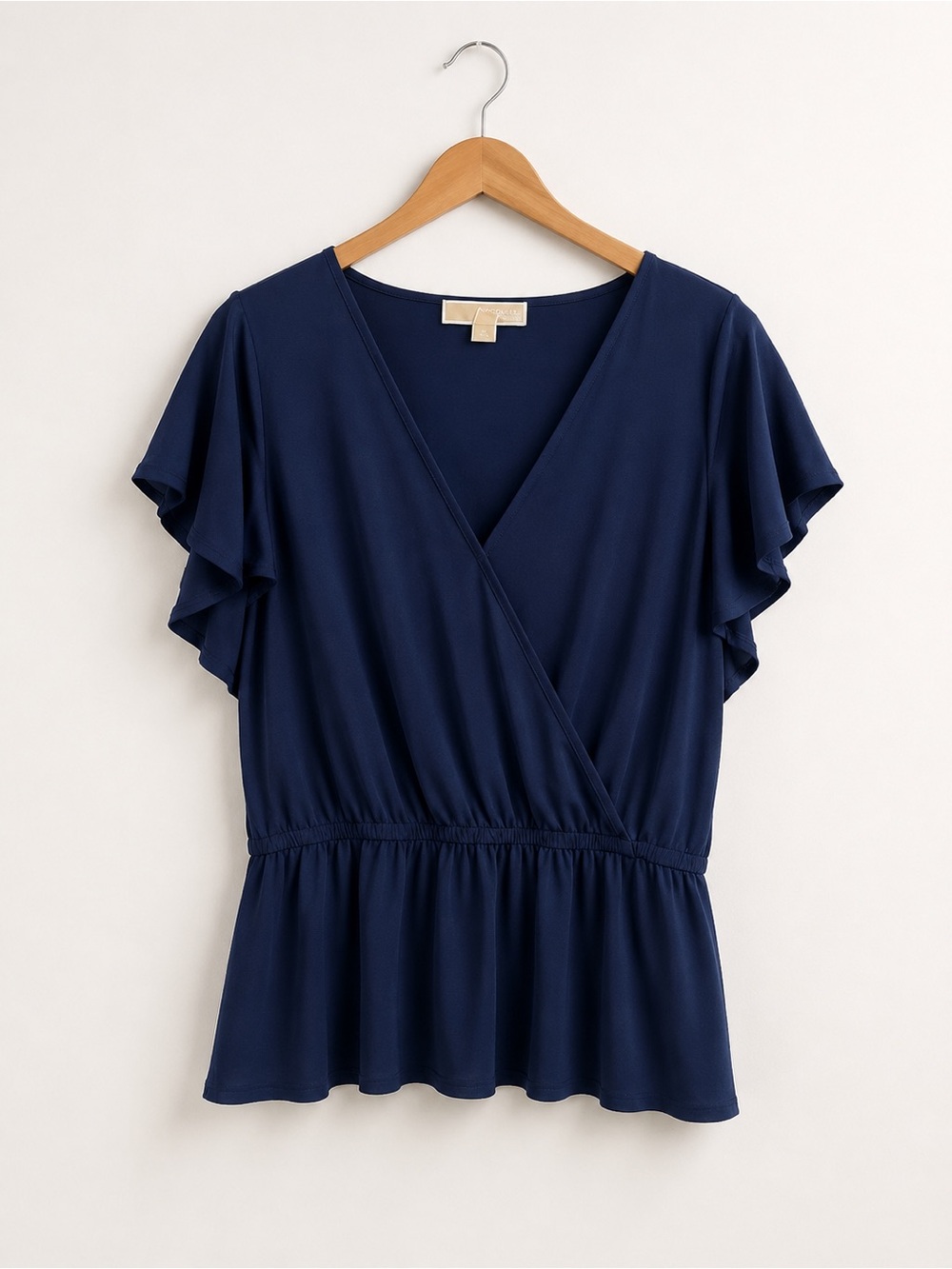 Michael Kors Women's Flutter Sleeve V-Neck Cinched Waist Top Navy Blue XL